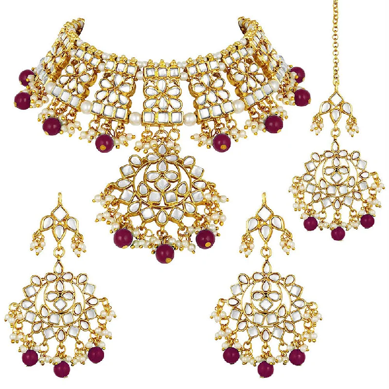 women’s crystal necklace-Etnico 18K Gold Plated Traditional Handcrafted Kundan & Pearl Studded Choker Necklace Jewellery Set With Earrings & Maang Tikka For Women (K7057M)