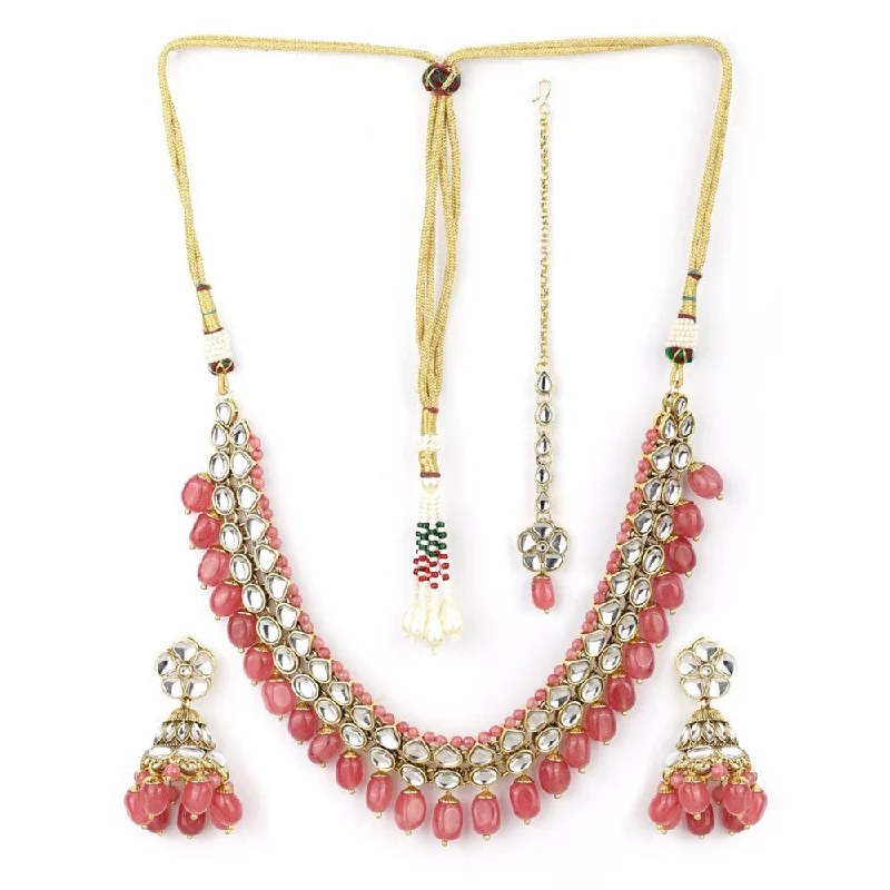 women’s bridal necklace-Rasmm Creations Gold Plated Kundan And Beads Necklace Set