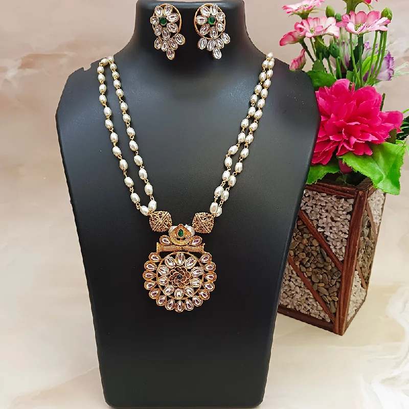 women’s bridal diamond necklace-Darshana Jewels Gold Plated Kundan Pearl Long Necklace Set