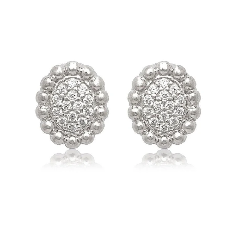 women’s designer earrings-Sterling Silver Oval CZ with Beaded Stud Earrings