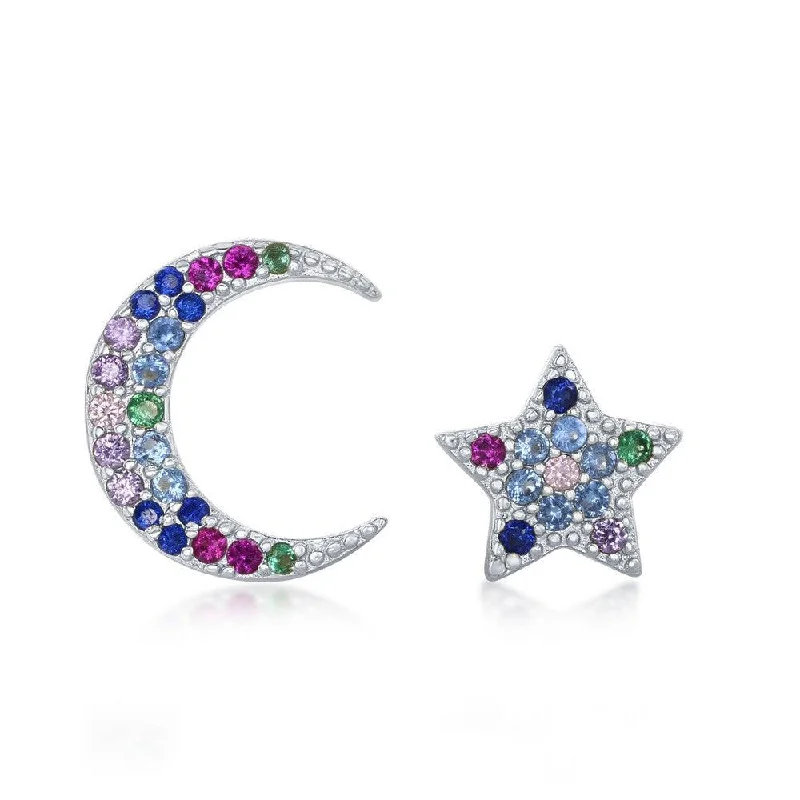 women’s hoop and stud earrings-Sterling Silver Crescent Moon and Star CZ Earrings