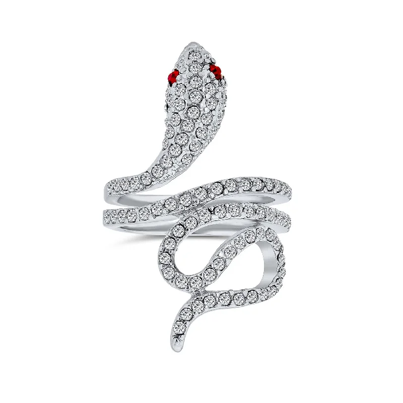 women’s bridal ring set-Spiral Wrap Serpent Snake Cocktail Statement Ring with Red Eye CZ Silver Plated