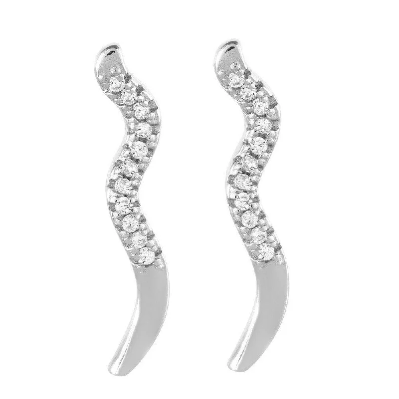 women’s clip-on earrings-Sterling Silver CZ Vertical Wave Earrings