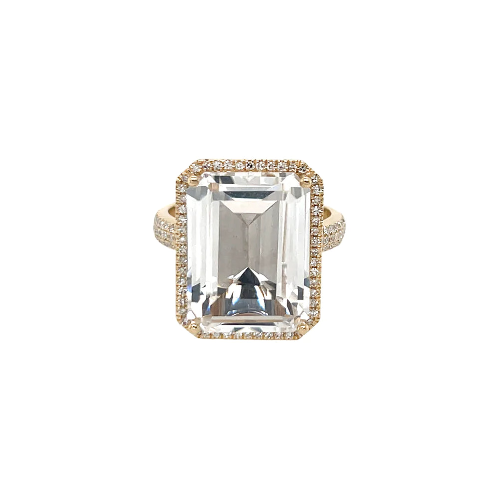 14K White Topaz & Diamond Ring with Emerald Cut