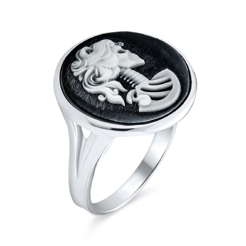 women’s zircon ring-Vintage Black White Cameo Silver Ring Punk Rock Biker Jewelry Sterling