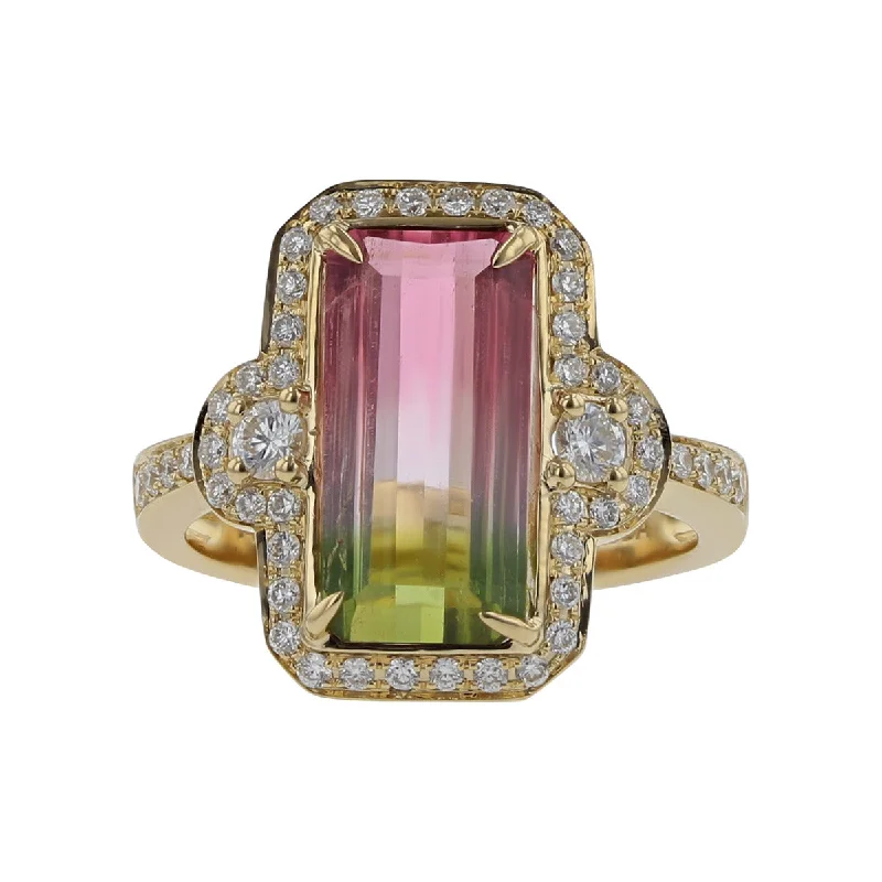 Emerald-cut Watermelon Tourmaline and Diamond Ring