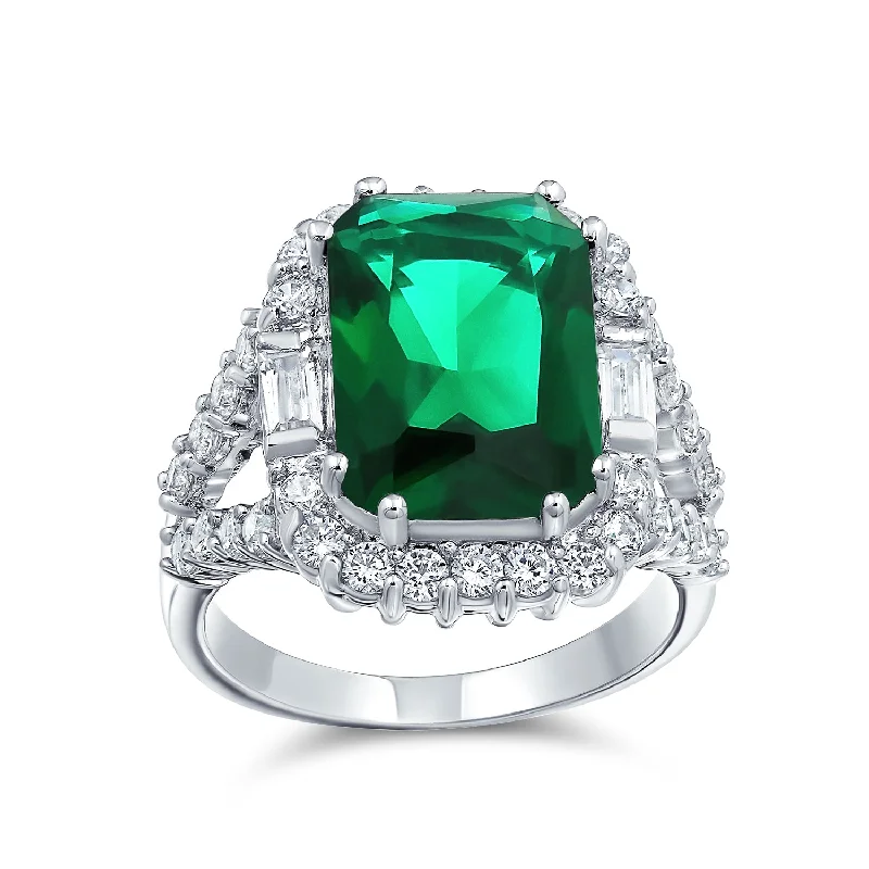 women’s halo gemstone ring-Cocktail Statement Ring: 7CT Green Simulated Emerald Cut CZ Pave Silver Fashion Ring