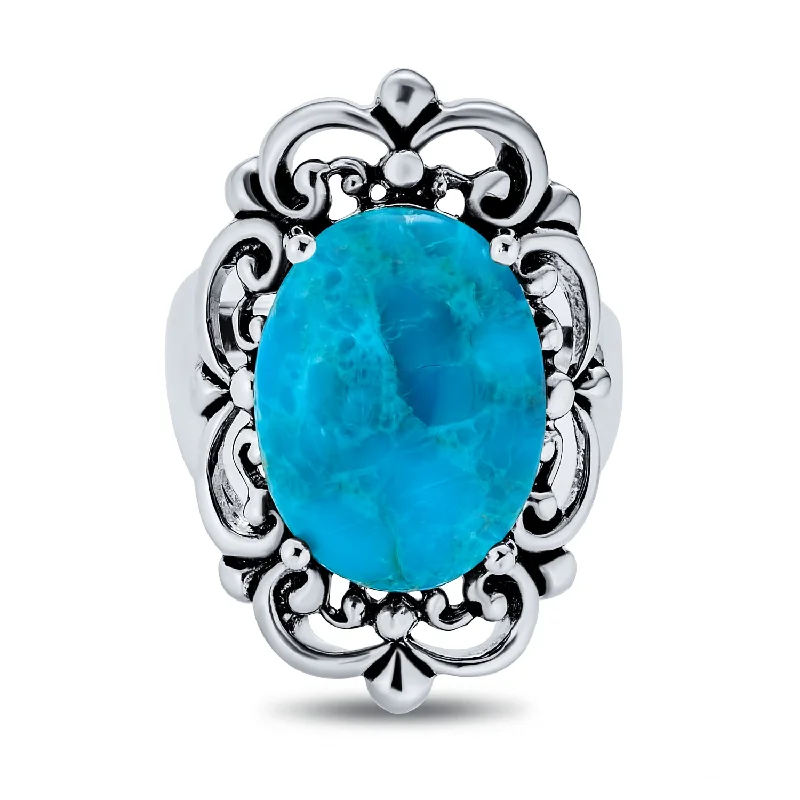 women’s carved ring-Western Jewelry Boho Vintage Silver Ring with Large Blue Turquoise Gemstone