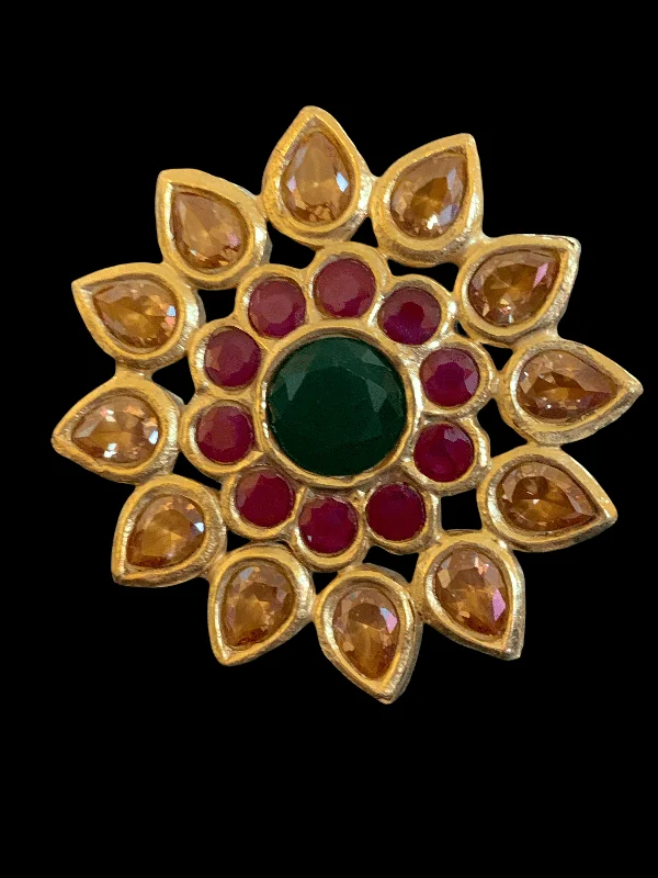 women’s gemstone statement ring-DJR36 Kundan ring  red green with golden stones   ( READY TO SHIP)