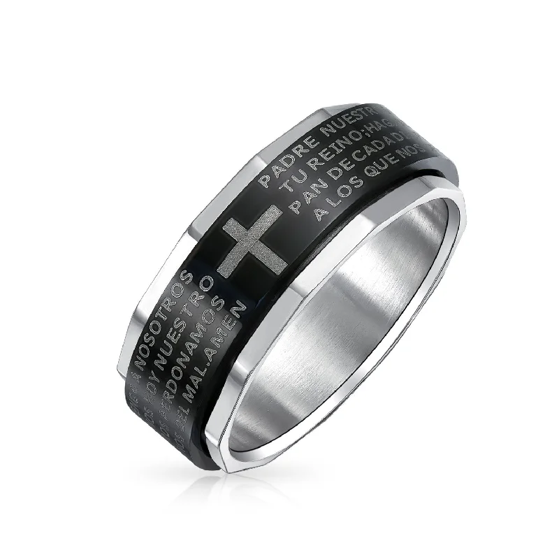 women’s geometric ring-Mens Stainless Steel Religious Cross Black Spinner Band Ring - Lords Prayer Design