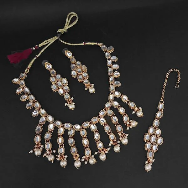 women’s vintage gold necklace-Amina Creation White Kundan And Pearl Gold Plated Necklace Set With Maang Tikka