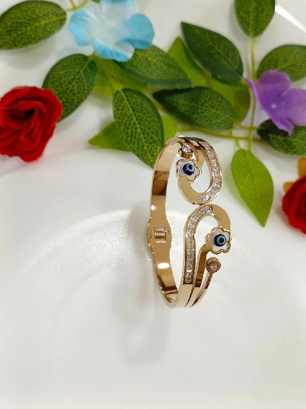 women’s bridal engagement rings-women’s anniversary bracelet-Tarohi Jewels Stainless Steel Rosegold Plated Baguette Evil Eye on Flower Fancy Kada- STKD 4256