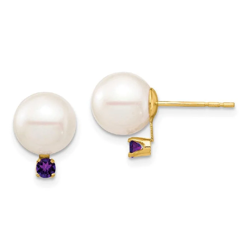 women’s hoop and stud earrings-14K 8-8.5mm White Round Freshwater Cultured Pearl Amethyst Post Earrings