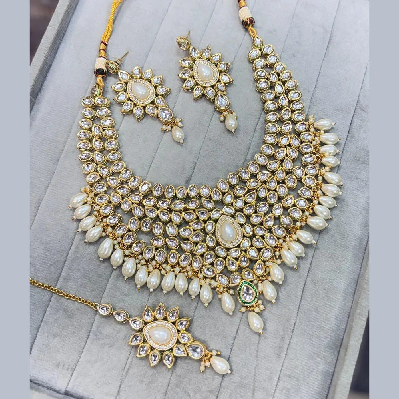 women’s charm necklace-JCM Gold Plated Kundan Stone And Pearls Necklace Set