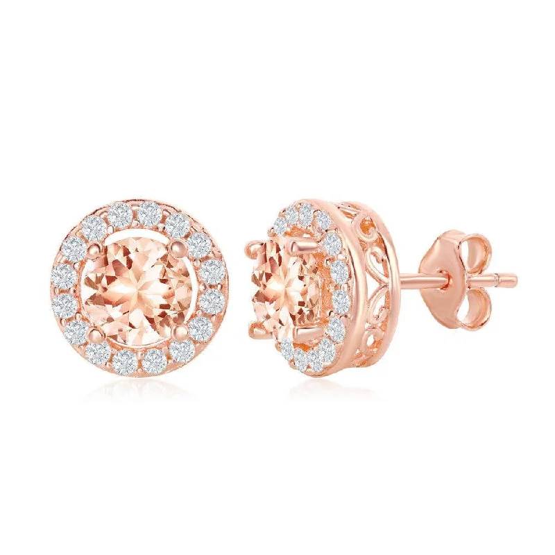 women’s boho earrings-Sterling Silver Rose GP Four-Prong Round Morganite CZ Earrings