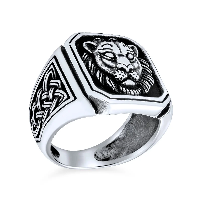 women’s gold ring-Mens Silver Ring Vintage Lion Signet Celtic Knot Oxidized .925 Sterling Silver