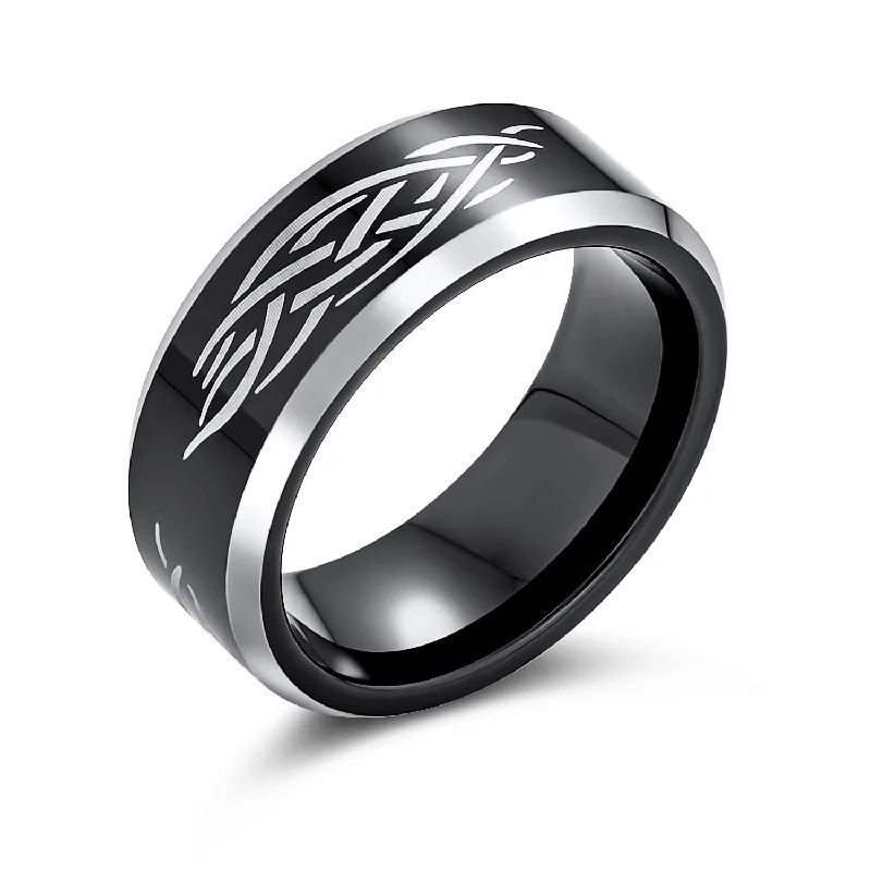 women’s gold signet ring-Laser Etched Catholic Tungsten Wedding Band Ring with Black Christ Thorn Design for Men