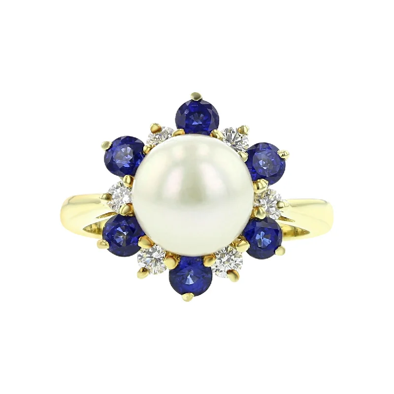 18K Yellow Gold Pearl, Sapphire And Diamond Ring