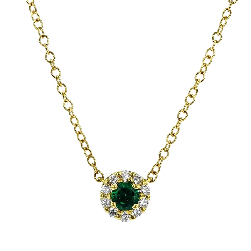 women’s personalized necklace-Round Emerald and Diamond Halo Pendant Necklace