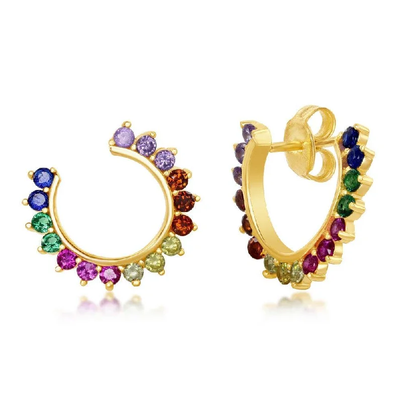 women’s sterling silver earrings-Sterling Silver Gold Plated Open Hoop Rainbow CZ Stud Earrings