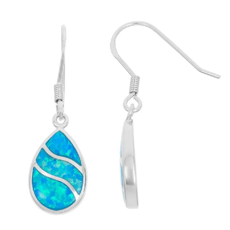 women’s sapphire earrings-Sterling Silver Blue Inlay Opal Teardrop Earrings