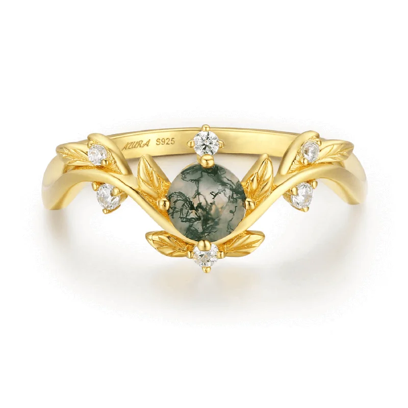 women’s stylish ring-Willow Moss Agate Ring (Yellow Gold)©