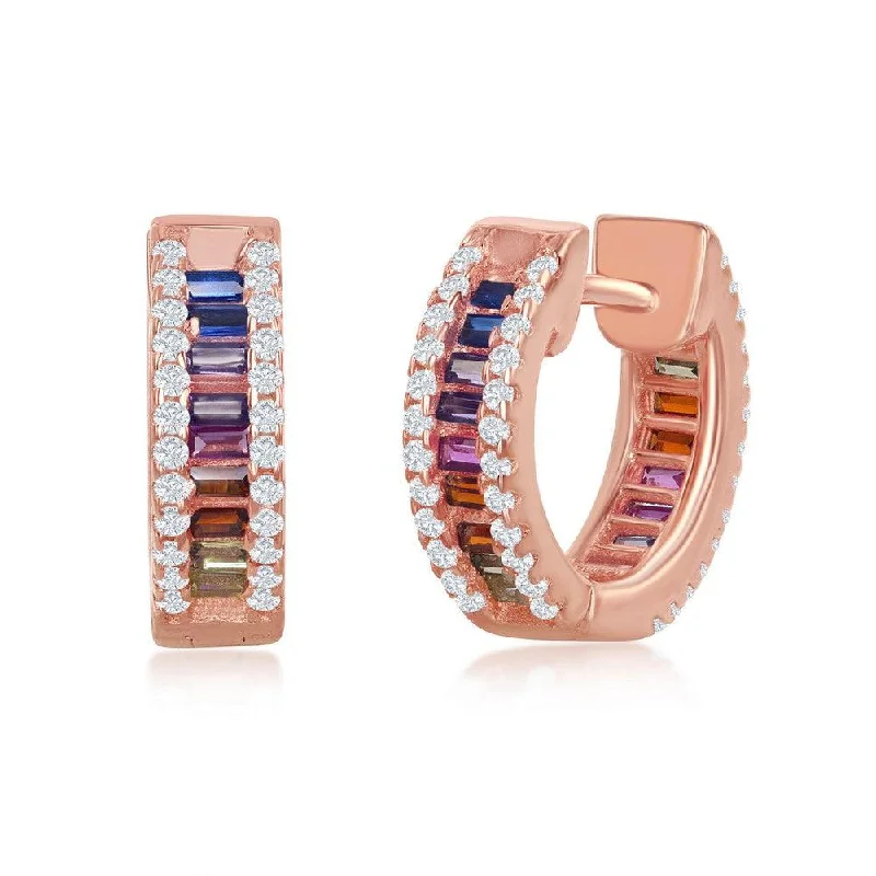 women’s minimalist earrings-Sterling Silver Rose Gold Plated Rainbow Huggie Hoop CZ Earrings