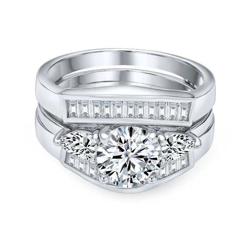 women’s adjustable ring-2 CT Cubic Zirconia Cocktail Statement Ring with Solitaire & Baguette Band in Sterling Silver