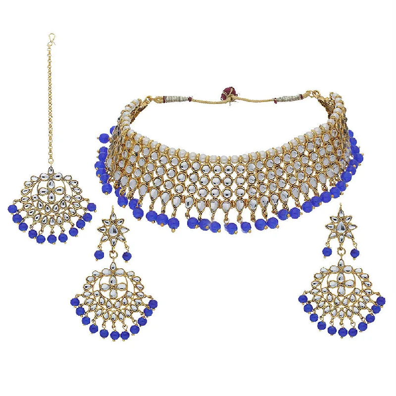 women’s textured gold necklace-Etnico 18K Gold Plated Traditional Handcrafted Kundan & Pearl Studded Choker Necklace Jewellery Set with Earrings & Maang Tikka (K7075Bl)