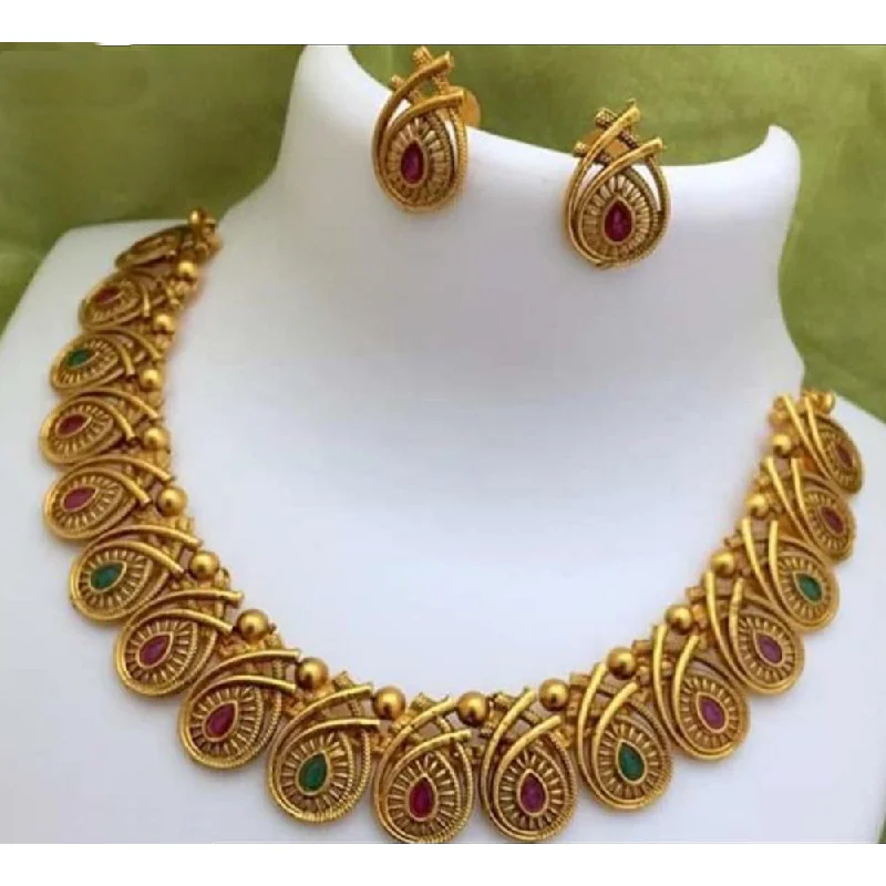 women’s custom necklace-India Art Gold Plated Pink & Green Pota Stone Choker Necklace Set