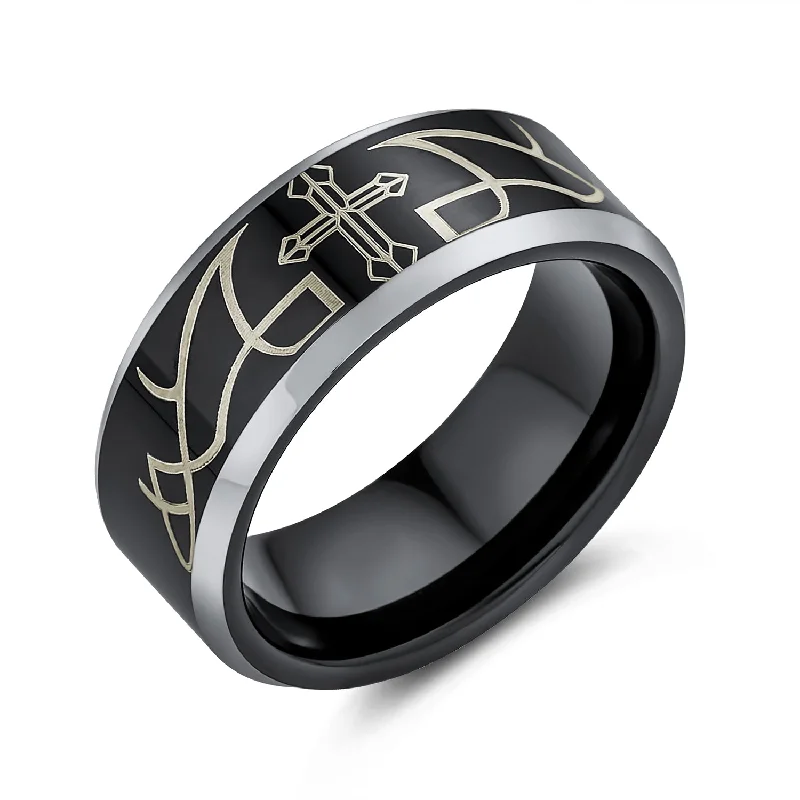 women’s cushion gemstone ring-Laser Etched Tungsten Wedding Band Ring with Catholic Cross Design for Men Comfort Fit