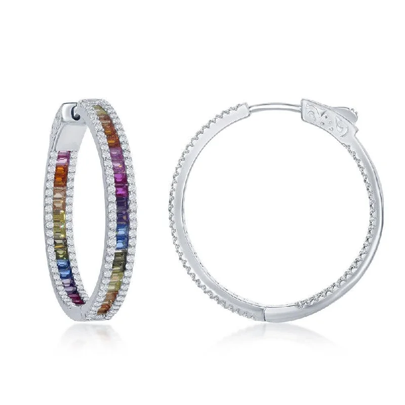 women’s silver hoop earrings-Sterling Silver Rainbow and White CZ Hoop Earrings