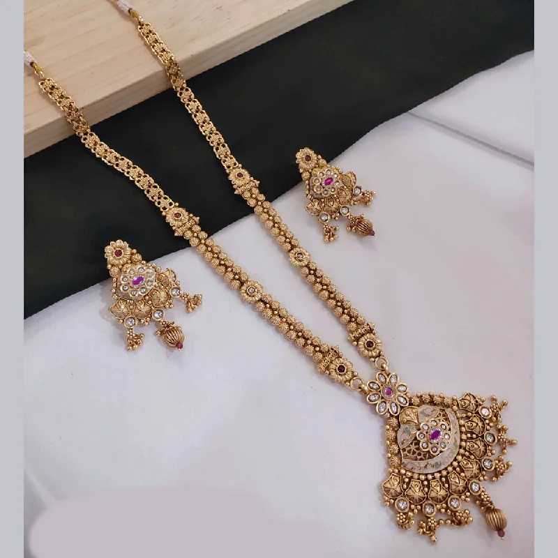 women’s rose gold necklace-Lucentarts Jewellery Gold Plated Pota Stone And Meenakari Long Necklace Set