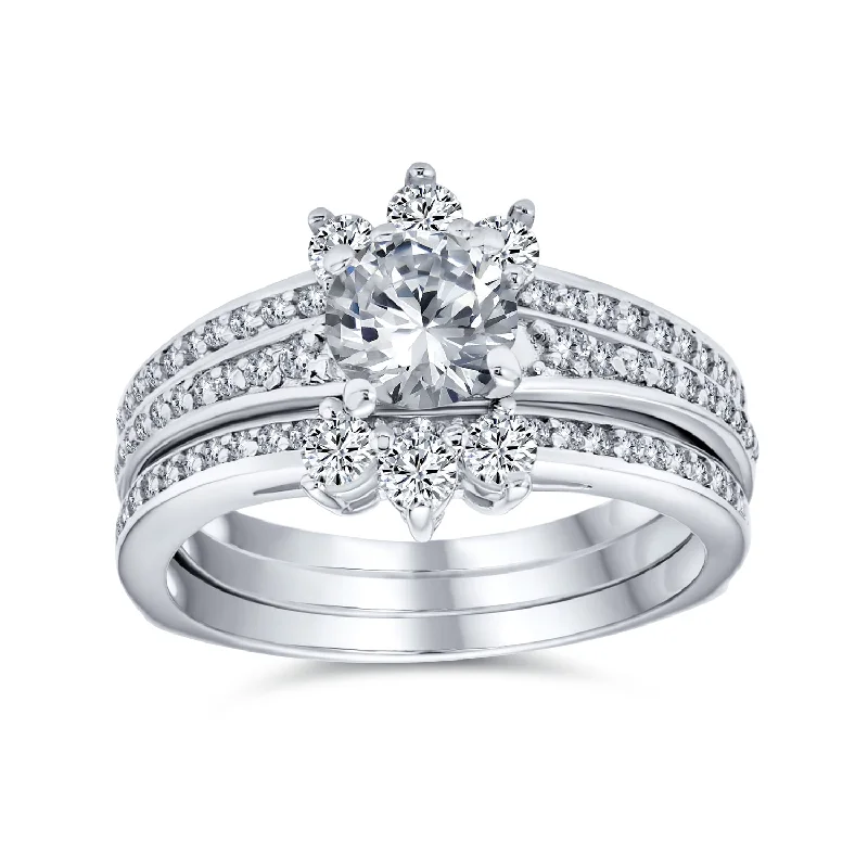 women’s infinity ring-Classic 1.5CT CZ Cocktail Statement Ring with Floral Halo and Pave Band in Silver