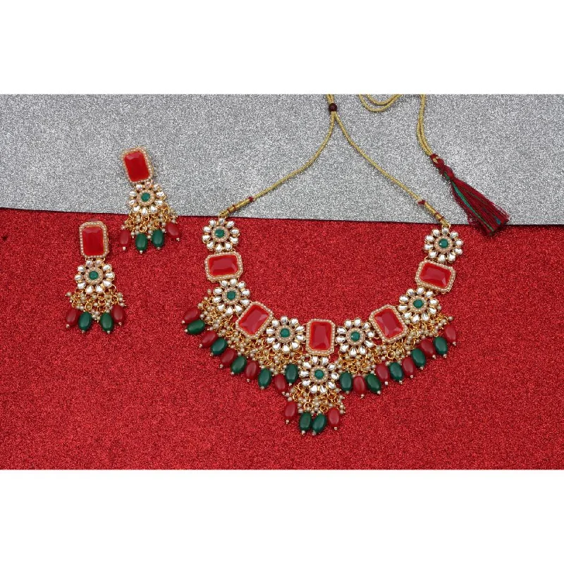 women’s statement necklace-Darshana Jewels Gold Plated Kundan Stone  & Beads Necklace Set