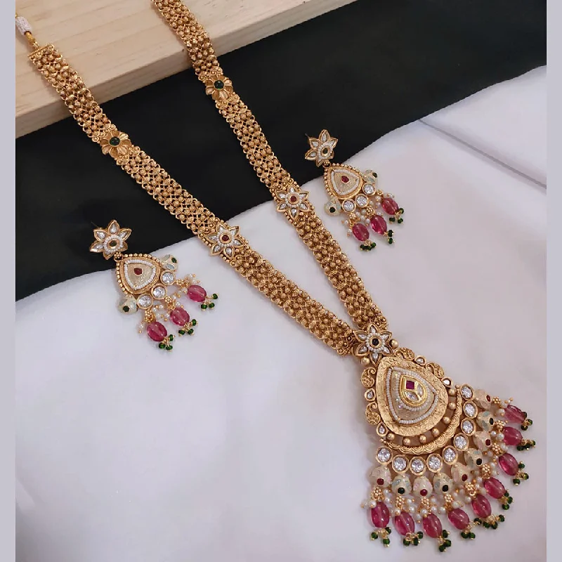 women’s diamond tennis necklace-Akruti Collection Gold Plated Kundan Stone And Pearls Meenakari Long Necklace Set