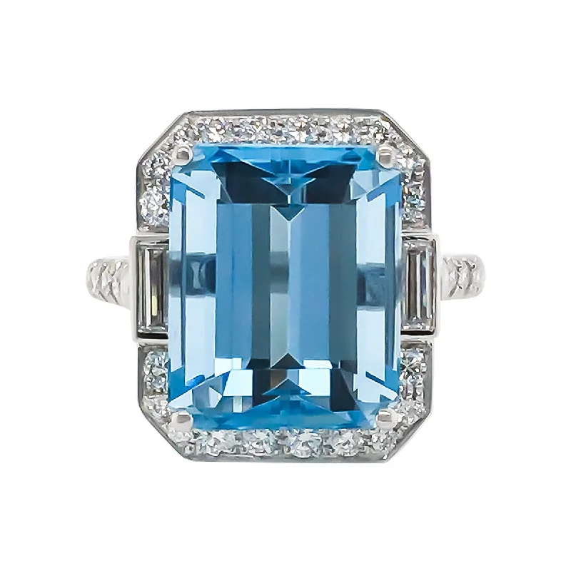 Emerald-Cut Aquamarine and Diamond Ring