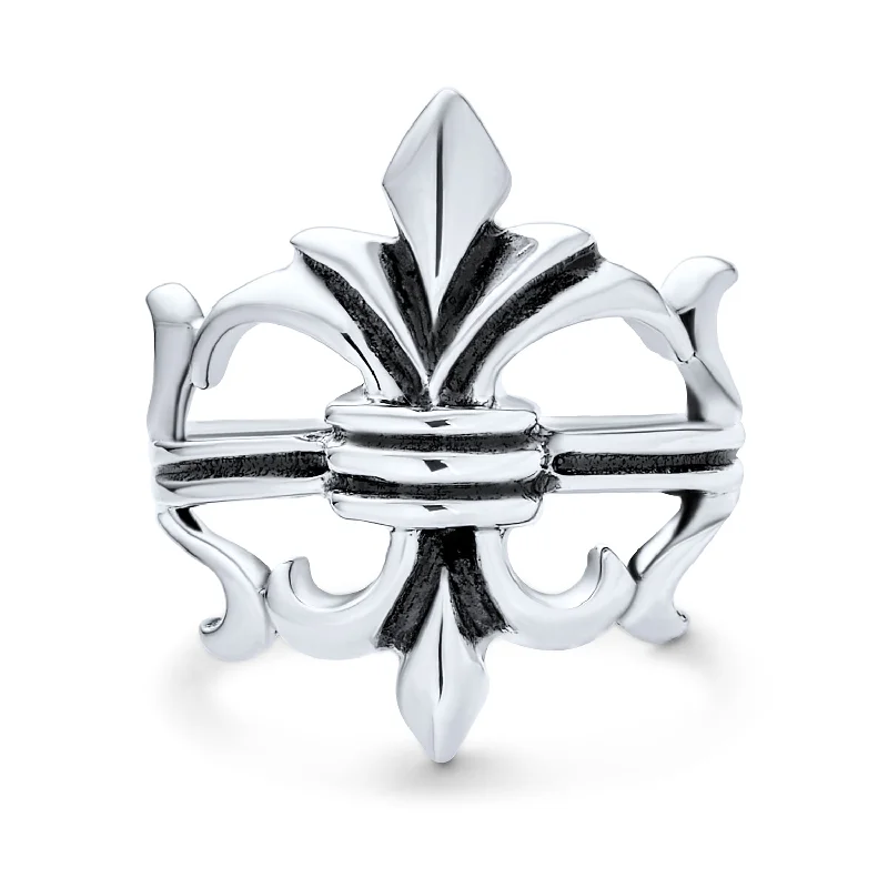 women’s engraved band ring-Antique Style Mens Silver Ring Fleur De Lis Oxidized .925 Sterling Silver