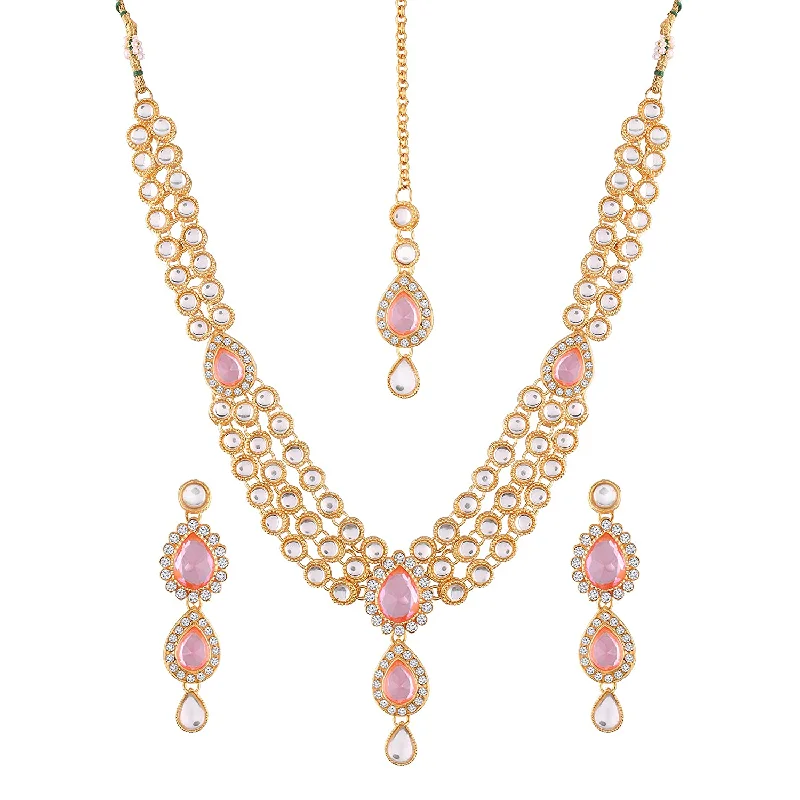 women’s heart pendant necklace-Etnico Gold Plated and American Diamond Necklace Set for Women & Girls (Pink)