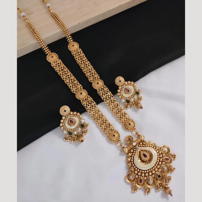 women’s gold necklace-Manisha Jewellery Gold Plated Pota Stone And Beads Meenakari Long Necklace Set