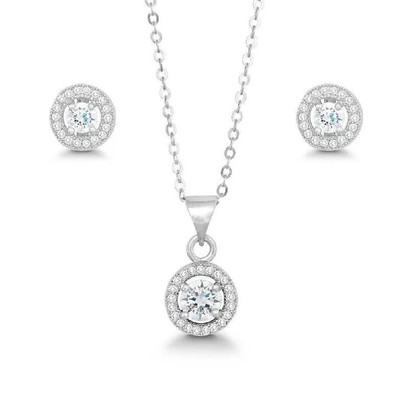 women’s cubic zirconia earrings-Sterling Silver Prong Round Clear CZ Pendant and Earrings Set