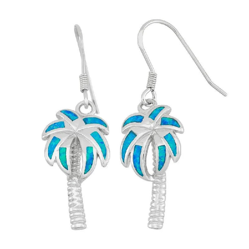 women’s stud earrings-Sterling Silver Blue Inlay Opal Palm Tree Earrings