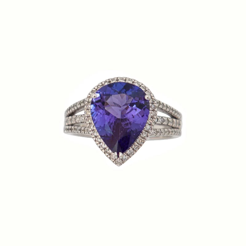 White Gold Pear Shape Halo Tanzanite and Diamond Ring