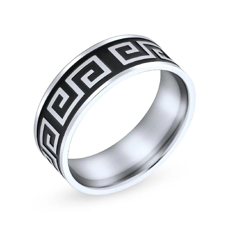 women’s heart-shaped diamond ring-Mens Stainless Steel Greek Key Pattern Wedding Band Ring Black Silver Two Tone