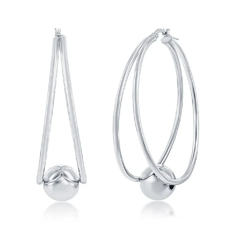 women’s bridal earrings-Sterling Silver Double Oval with 12mm Bead Earrings