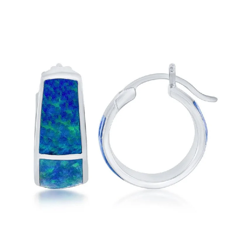 women’s emerald earrings-Sterling Silver Blue Opal Wide Small Hoop Earrings