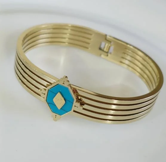 women’s colored diamond engagement rings-women’s exotic bangle-Tarohi Jewels Stainless Steel Gold Plated Turquoise Geometric Shaped Kada - STKD 4857