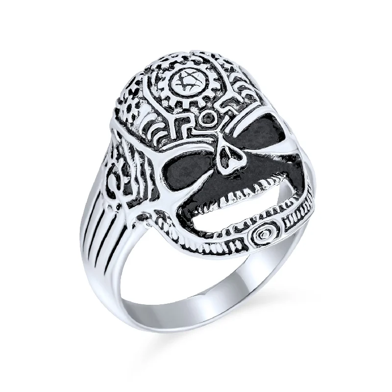 women’s eternity ring-Mens Stainless Steel Biker Skull Signet Ring - Halloween Crossbones Jewelry