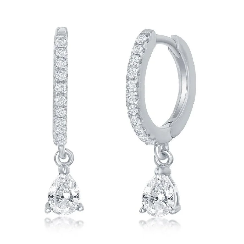 women’s platinum earrings-Sterling Silver Huggie Hoop Pear Shaped CZ Earrings