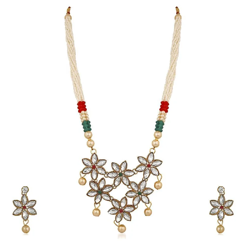 women’s zodiac necklace-Mahi Floral Design Ethnic Pendant Necklace Set Earrings Jewellery with Kundan and Artifical Pearl for Women (VNCJ100244WHT)